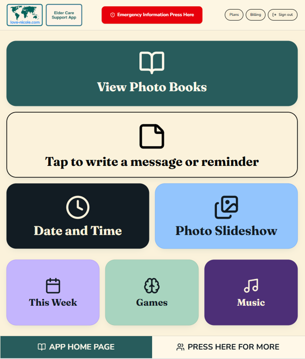 Full Feature App home screen with View Photo Books, Date and Time, Photo Slideshow, This Week, Games, and Music