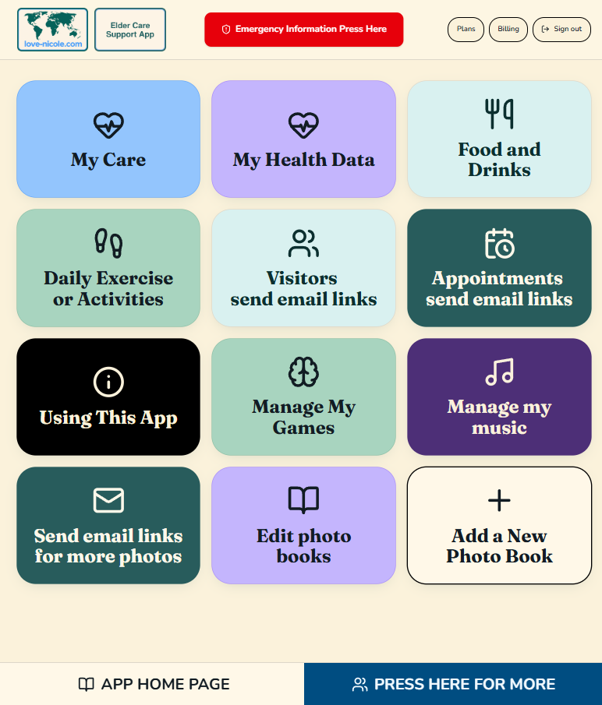 Full Feature App second screen with My Care, My Health Data, Food and Drinks, Daily Exercise or Activities, Visitors, Appointments, Using This App, Manage My Games, Manage my music, email links, Edit photo books and Add a New Photo Book