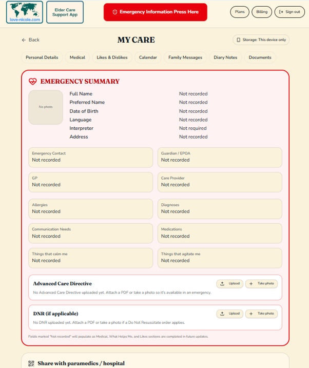 My Care Emergency Summary screen showing personal details, emergency contacts, medical information, and Advanced Care Directive uploads